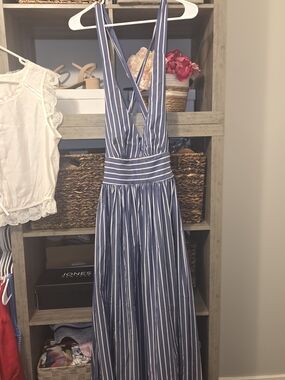 Blue and White Striped Cross-Back Maxi Dress